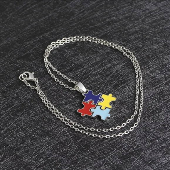 Autism Puzzle Piece Charm Necklace! Autism Awareness Pretty Silver Chain - Picture 9 of 12